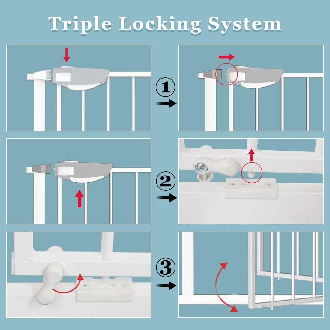 WAOWAO Triple Lock Baby Gate Extra Wide 67.32-72.04 Pressure Mounted Walk Through Swing Auto Close Safety White Metal Dog Pet Puppy Cat for Stairs,Doorways,Kitchen